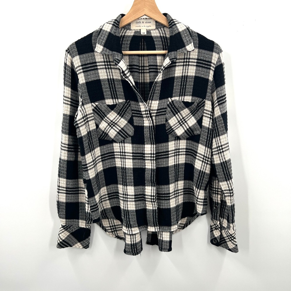 Cloth & Stone Anthropologie black white plaid tunic top classic flannel shirt XS